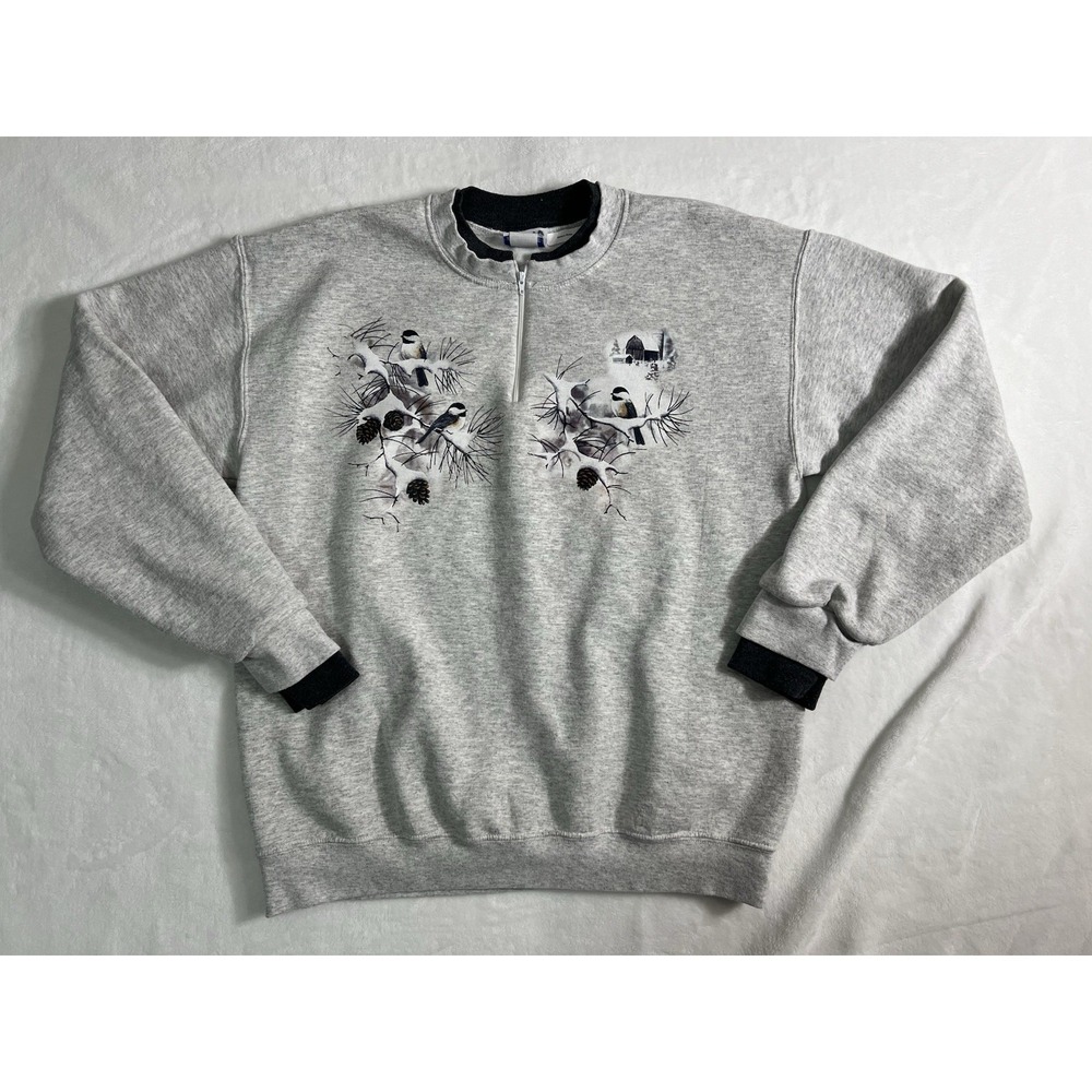 PFI Fashions Inc Gray Fleece Zip Pullover Sweatshirt Bird Graphic Women's Size L